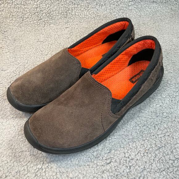 Crocs AnyWeather Suede Loafer Womens 10 Leather Comfort Slip On Shoe Brown - Picture 2 of 11